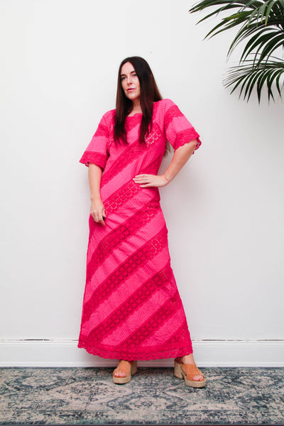 Vintage Mexican Fuchsia Pink Cotton Maxi Dress, Bohemian Lace Gown