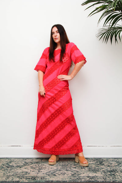 Vintage Mexican Fuchsia Pink Cotton Maxi Dress, Bohemian Lace Gown