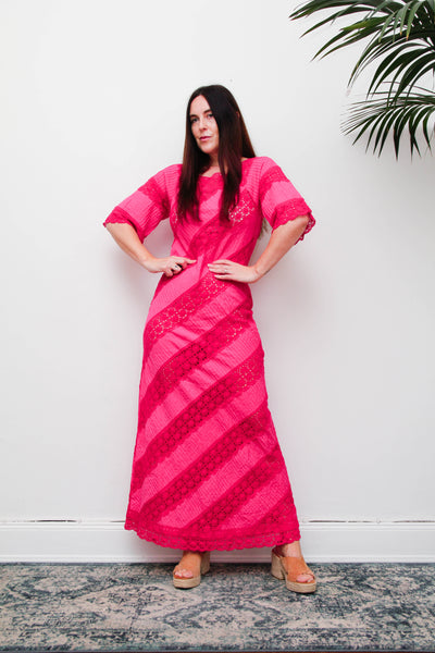 Vintage Mexican Fuchsia Pink Cotton Maxi Dress, Bohemian Lace Gown