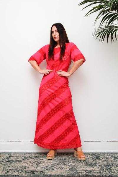 Vintage Mexican Fuchsia Pink Cotton Maxi Dress, Bohemian Lace Gown