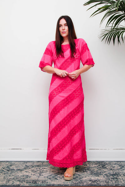 Vintage Mexican Fuchsia Pink Cotton Maxi Dress, Bohemian Lace Gown