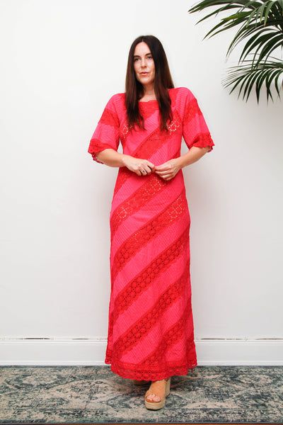 Vintage Mexican Fuchsia Pink Cotton Maxi Dress, Bohemian Lace Gown