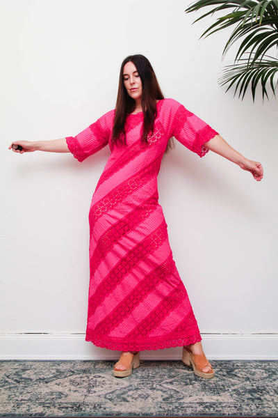 Vintage Mexican Fuchsia Pink Cotton Maxi Dress, Bohemian Lace Gown