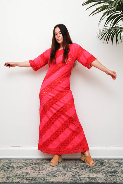 Vintage Mexican Fuchsia Pink Cotton Maxi Dress, Bohemian Lace Gown