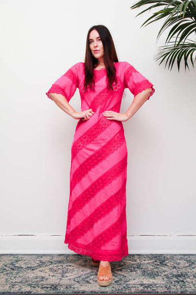 Vintage Mexican Fuchsia Pink Cotton Maxi Dress, Bohemian Lace Gown