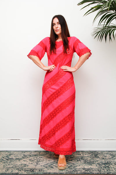 Vintage Mexican Fuchsia Pink Cotton Maxi Dress, Bohemian Lace Gown