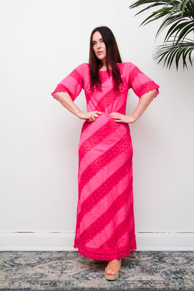 Vintage Mexican Fuchsia Pink Cotton Maxi Dress, Bohemian Lace Gown