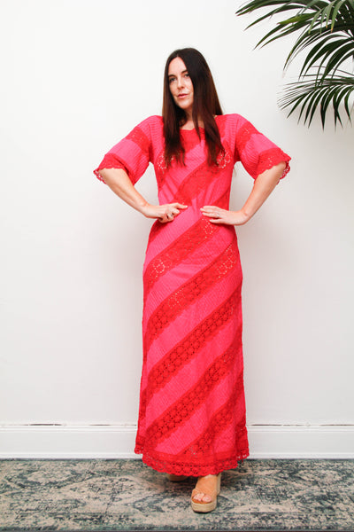 Vintage Mexican Fuchsia Pink Cotton Maxi Dress, Bohemian Lace Gown