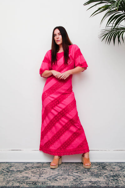 Vintage Mexican Fuchsia Pink Cotton Maxi Dress, Bohemian Lace Gown