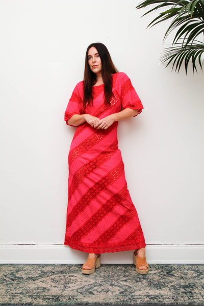 Vintage Mexican Fuchsia Pink Cotton Maxi Dress, Bohemian Lace Gown