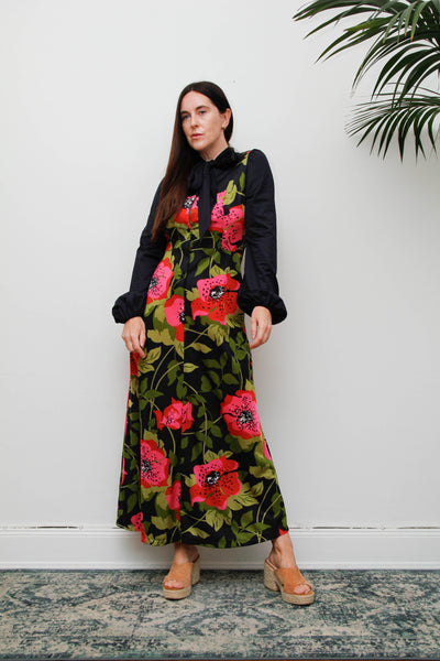 Vintage Hostess Dress, Black Floral Bohemian Pussy Bow Midi