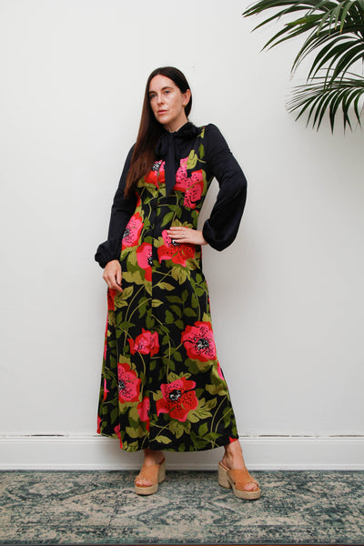 Vintage Hostess Dress, Black Floral Bohemian Pussy Bow Midi