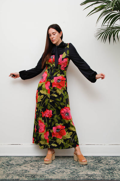Vintage Hostess Dress, Black Floral Bohemian Pussy Bow Midi