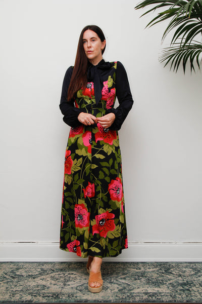 Vintage Hostess Dress, Black Floral Bohemian Pussy Bow Midi