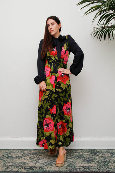Vintage Hostess Dress, Black Floral Bohemian Pussy Bow Midi