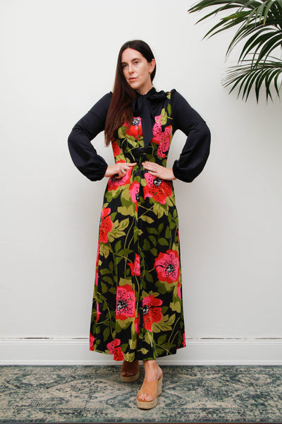 Vintage Hostess Dress, Black Floral Bohemian Pussy Bow Midi