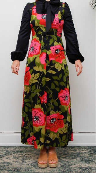 Vintage Hostess Dress, Black Floral Bohemian Pussy Bow Midi