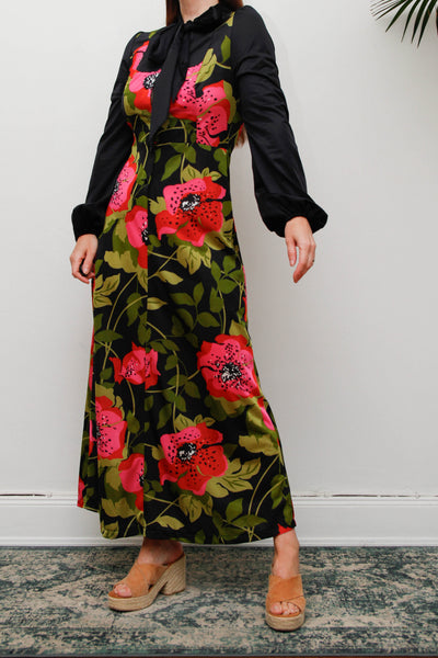 Vintage Hostess Dress, Black Floral Bohemian Pussy Bow Midi