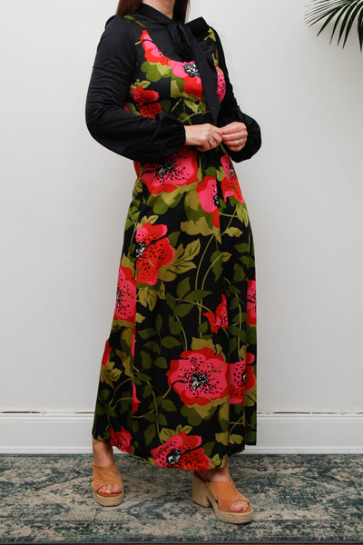 Vintage Hostess Dress, Black Floral Bohemian Pussy Bow Midi