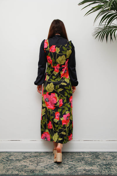 Vintage Hostess Dress, Black Floral Bohemian Pussy Bow Midi
