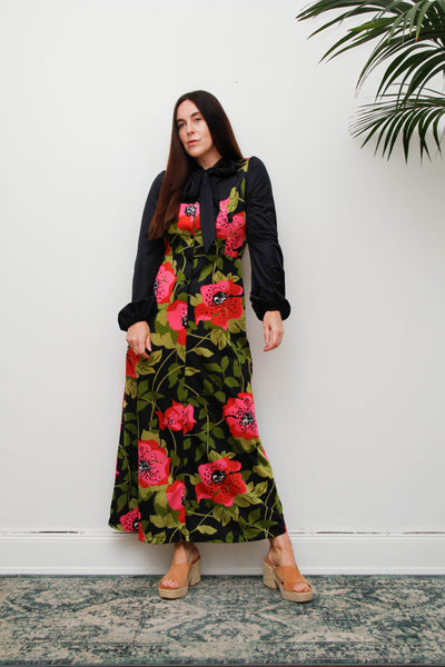 Vintage Hostess Dress, Black Floral Bohemian Pussy Bow Midi