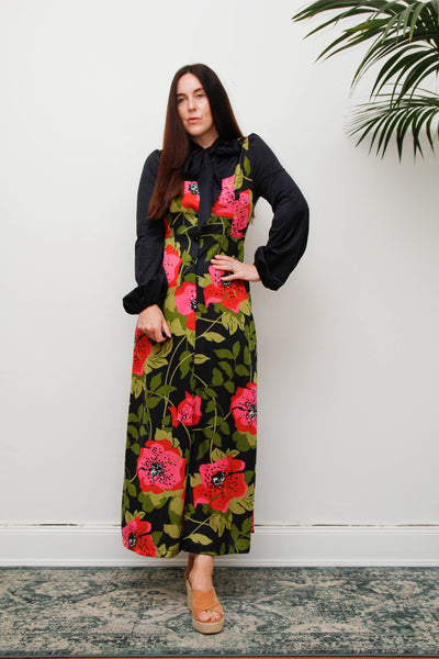 Vintage Hostess Dress, Black Floral Bohemian Pussy Bow Midi