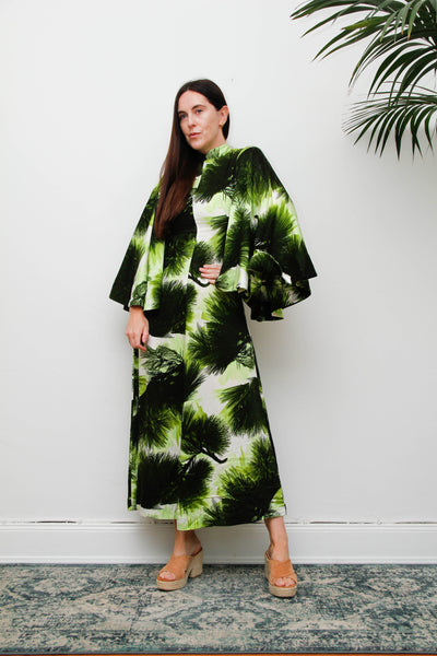Vintage 1970s Kaftan Dress, Green Fern Print Bohemian Maxi Gown