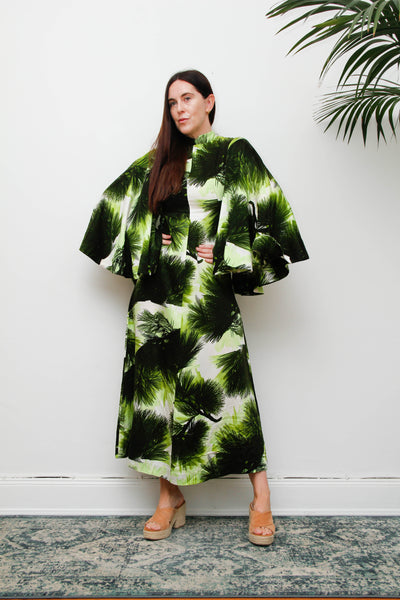 Vintage 1970s Kaftan Dress, Green Fern Print Bohemian Maxi Gown