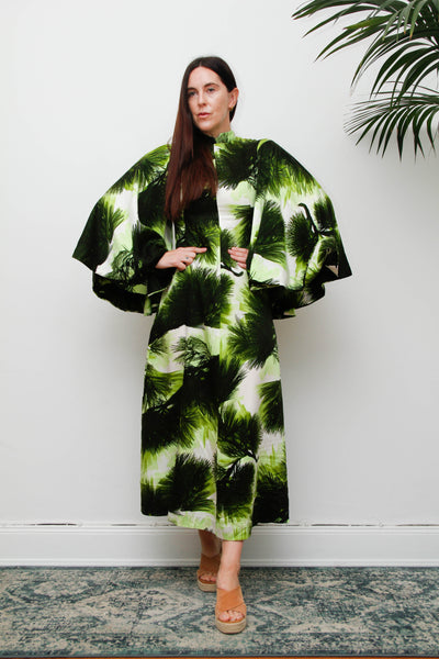 Vintage 1970s Kaftan Dress, Green Fern Print Bohemian Maxi Gown