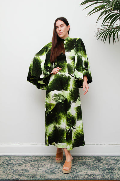 Vintage 1970s Kaftan Dress, Green Fern Print Bohemian Maxi Gown