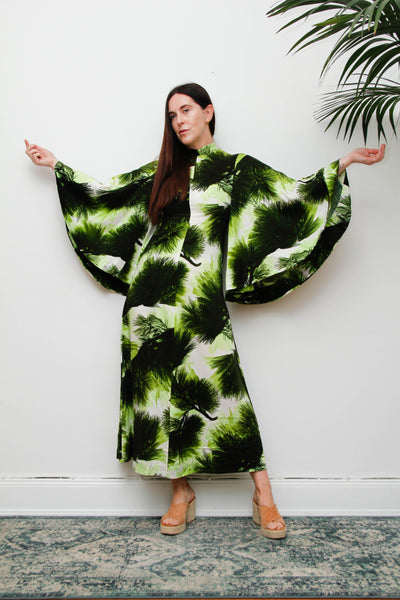 Vintage 1970s Kaftan Dress, Green Fern Print Bohemian Maxi Gown