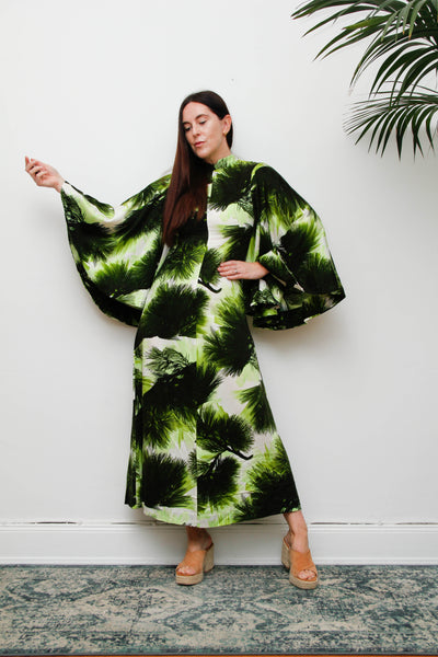 Vintage 1970s Kaftan Dress, Green Fern Print Bohemian Maxi Gown