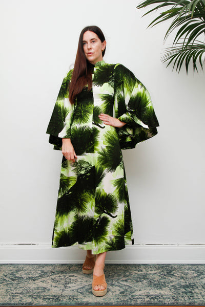 Vintage 1970s Kaftan Dress, Green Fern Print Bohemian Maxi Gown