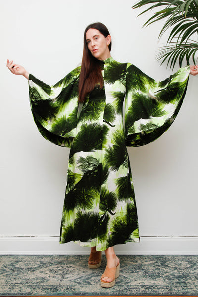 Vintage 1970s Kaftan Dress, Green Fern Print Bohemian Maxi Gown