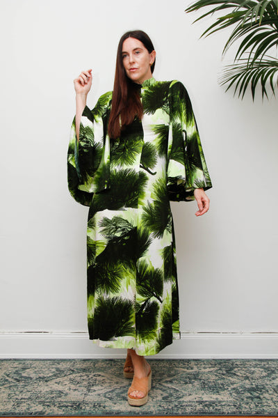 Vintage 1970s Kaftan Dress, Green Fern Print Bohemian Maxi Gown