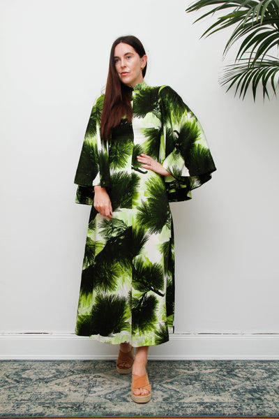 Vintage 1970s Kaftan Dress, Green Fern Print Bohemian Maxi Gown