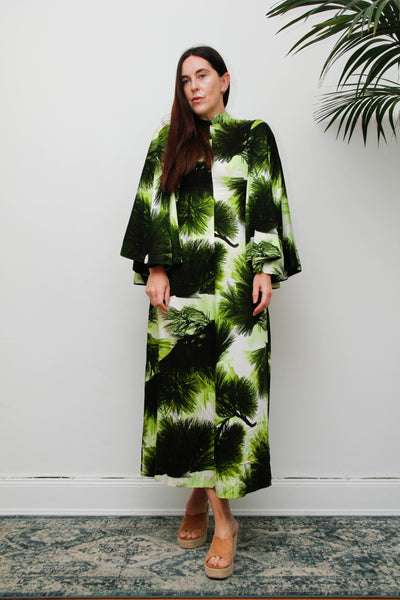 Vintage 1970s Kaftan Dress, Green Fern Print Bohemian Maxi Gown