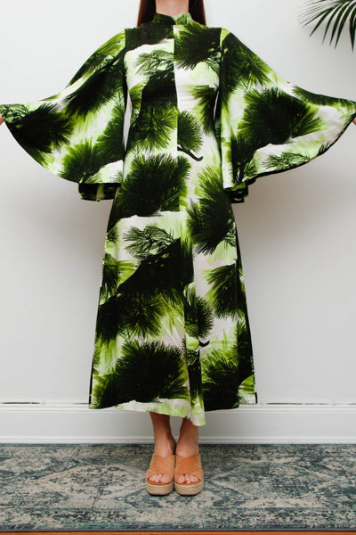 Vintage 1970s Kaftan Dress, Green Fern Print Bohemian Maxi Gown