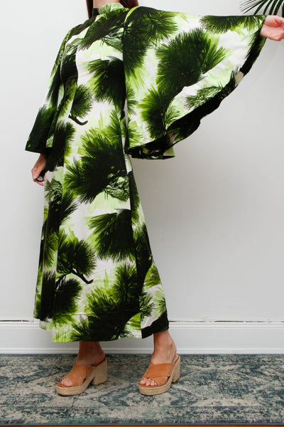 Vintage 1970s Kaftan Dress, Green Fern Print Bohemian Maxi Gown