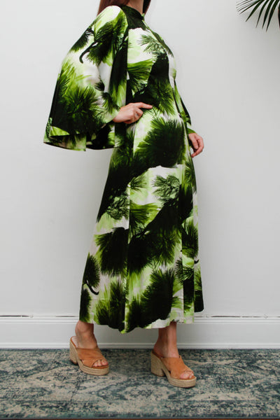 Vintage 1970s Kaftan Dress, Green Fern Print Bohemian Maxi Gown