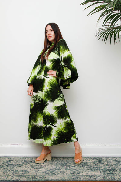 Vintage 1970s Kaftan Dress, Green Fern Print Bohemian Maxi Gown