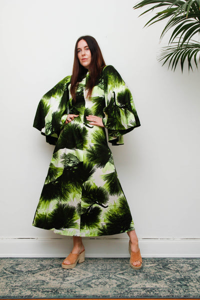 Vintage 1970s Kaftan Dress, Green Fern Print Bohemian Maxi Gown