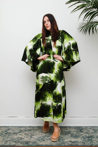 Vintage 1970s Kaftan Dress, Green Fern Print Bohemian Maxi Gown
