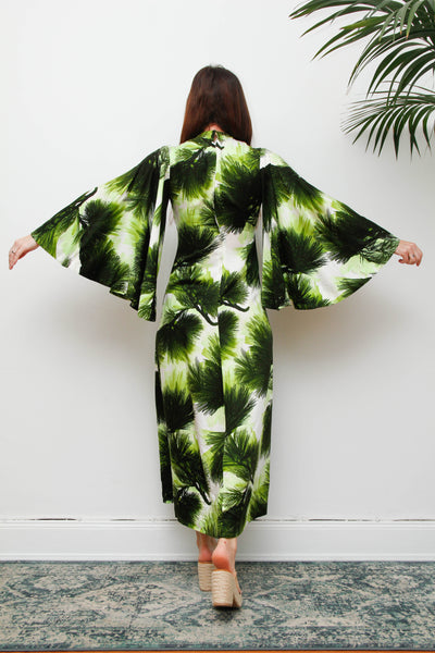Vintage 1970s Kaftan Dress, Green Fern Print Bohemian Maxi Gown