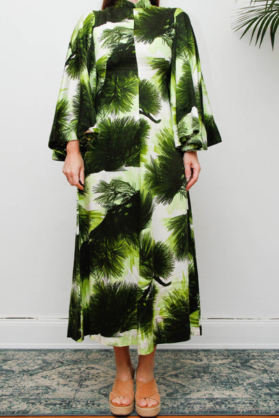 Vintage 1970s Kaftan Dress, Green Fern Print Bohemian Maxi Gown