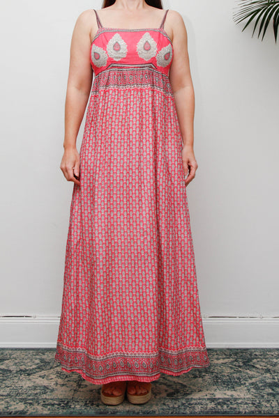 Rare Vintage Indian Cotton Dress with Matching Crop Jacket, Pink Block Print Bohemian Set