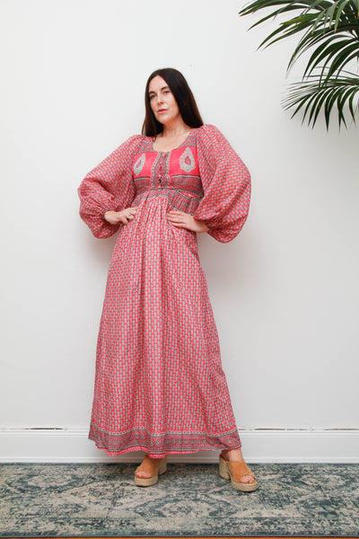 Rare Vintage Indian Cotton Dress with Matching Crop Jacket, Pink Block Print Bohemian Set