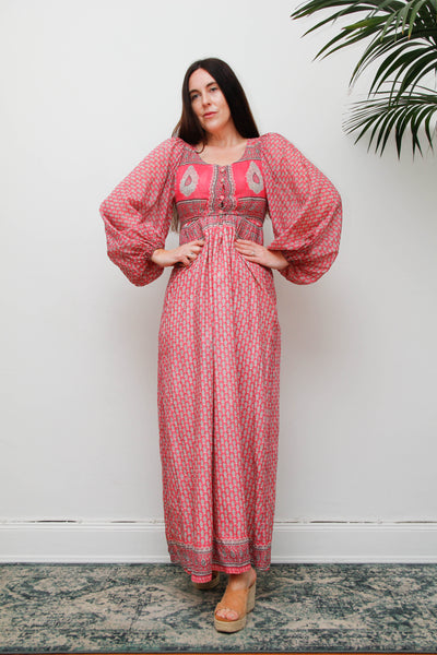 Rare Vintage Indian Cotton Dress with Matching Crop Jacket, Pink Block Print Bohemian Set