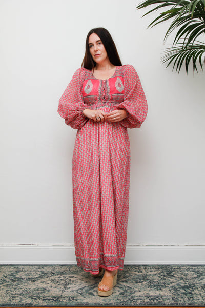 Rare Vintage Indian Cotton Dress with Matching Crop Jacket, Pink Block Print Bohemian Set