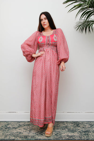 Rare Vintage Indian Cotton Dress with Matching Crop Jacket, Pink Block Print Bohemian Set